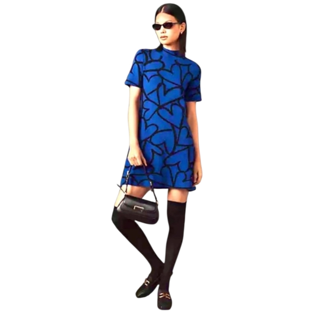 Anthropologie Short Sleeve Mock Neck Sweater Dress Heart Print Blue Black Sz 2X